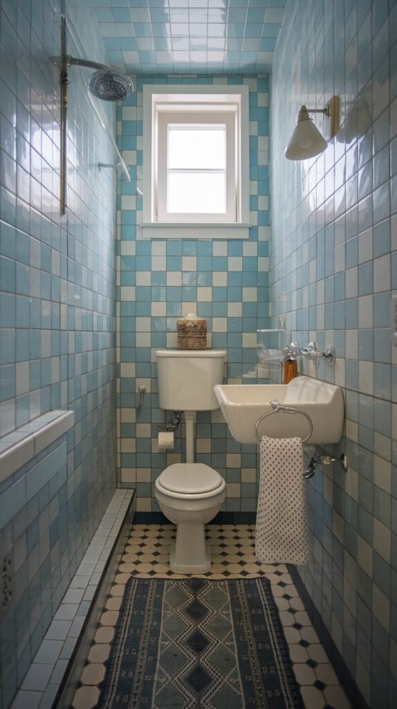 Tiny Full Bathroom featuring bold retro blue and white checkered wall tiles, an integrated shower space, a pedestal sink, and a decorative patterned rug on a dark tiled floor.