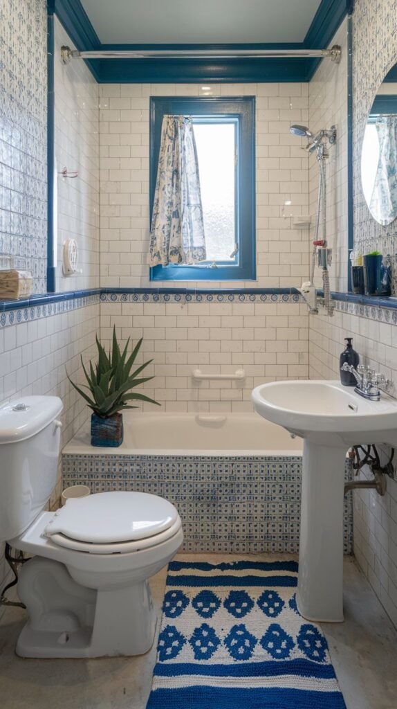 Tiny Full Bathroom with a bathtub featuring blue patterned tile skirting, white subway wainscoting, and bright blue trim accents around the window.