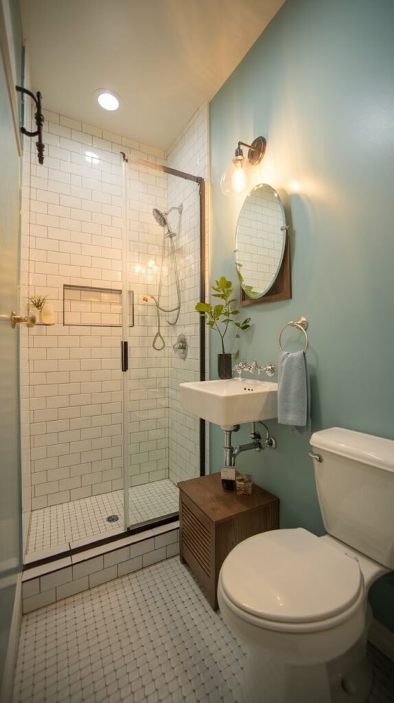 Tiny Full Bathroom with a modern design, including a white subway tiled shower with black framed glass, set against light blue walls and featuring a wooden slatted sink base.