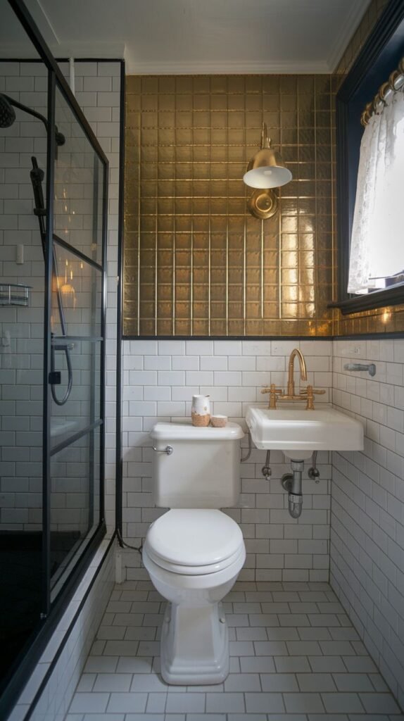 Tiny Full Bathroom showcasing a dramatic accent wall covered in reflective gold square tiles, contrasting with white subway tiles and a black-framed shower enclosure.