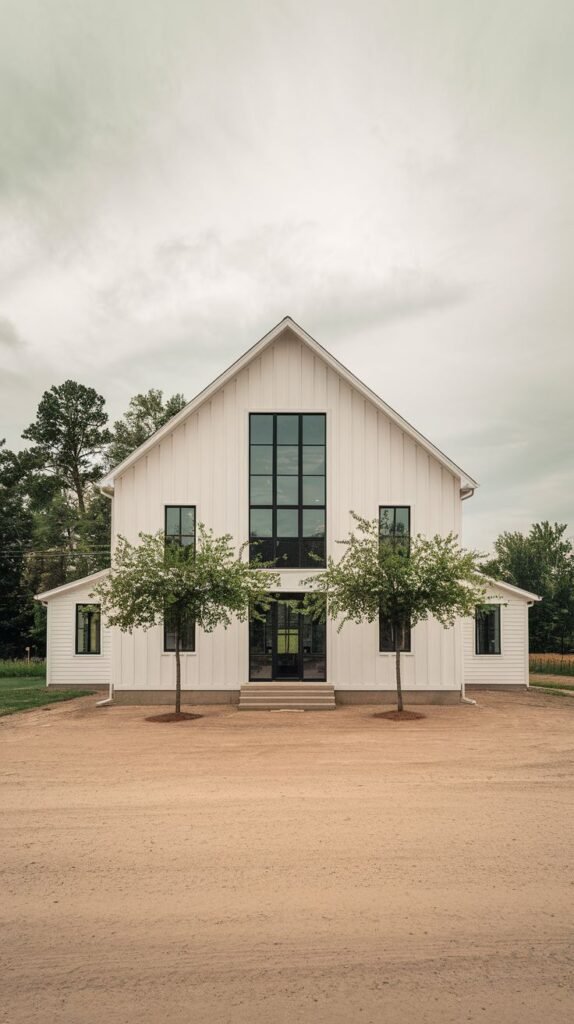 Tall white modern farmhouse facade with a dramatic two-story central window grid. Two small ornamental trees flank the black front door, set against a wide sandy/gravel foreground.
