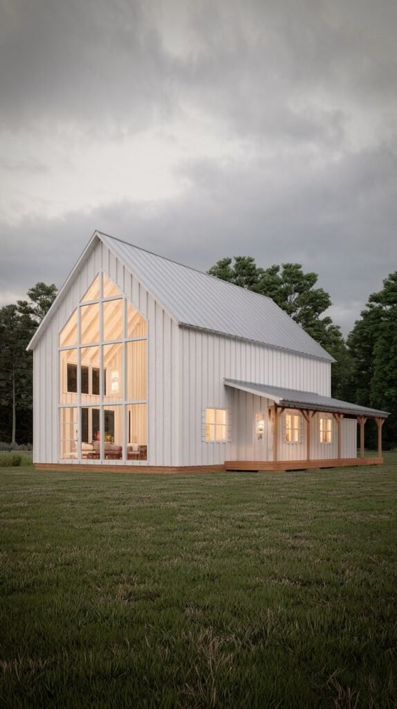 Angled exterior view of a tall white barn house featuring a spectacular floor-to-ceiling glass gable. A secondary side porch with natural wood posts provides a rustic contrast.