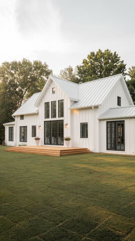 Angled view of a large white farmhouse with asymmetrical gables and a white metal roof. A substantial wooden deck extends from the side, focused on the central multi-story black-framed window arrangement.