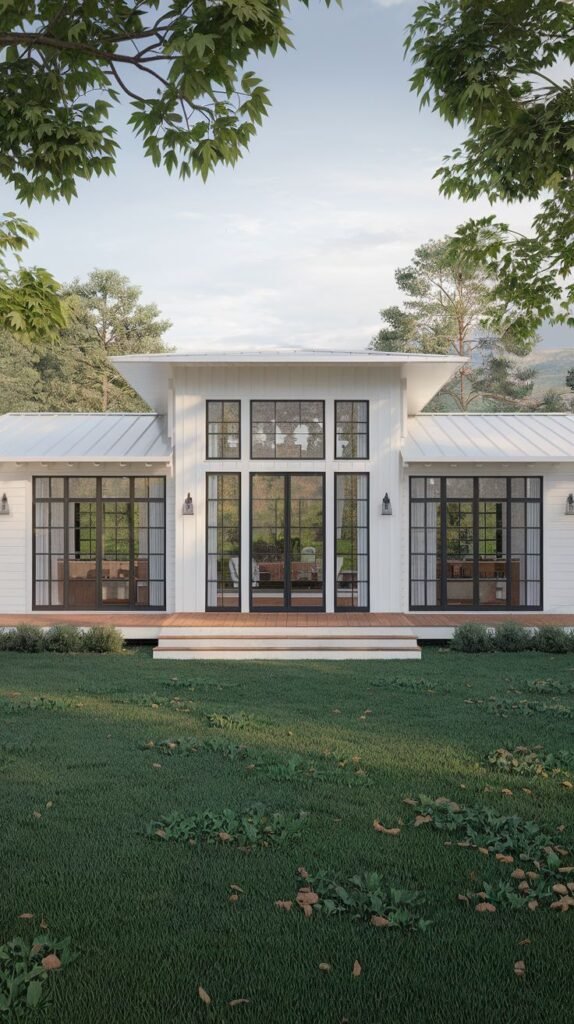 Full-front view of a wide, modern single-level white farmhouse. The structure is dominated by a central wall of black-framed windows and glass doors, opening onto a wide wooden deck.