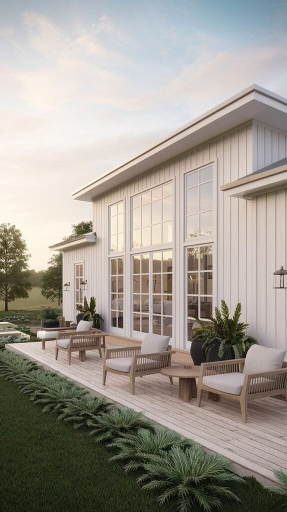 Side exterior view of a white farmhouse featuring a run of tall, segmented vertical windows. A light wooden deck houses modern wood-framed seating and is lined with low ground cover.