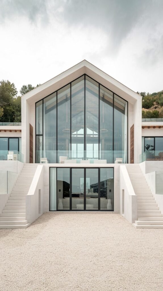 Ultra-modern white/light-toned gabled structure featuring an immense two-story glass facade. The entry level is flanked by two symmetrical concrete staircases leading up to the main floor, set above a gravel expanse.