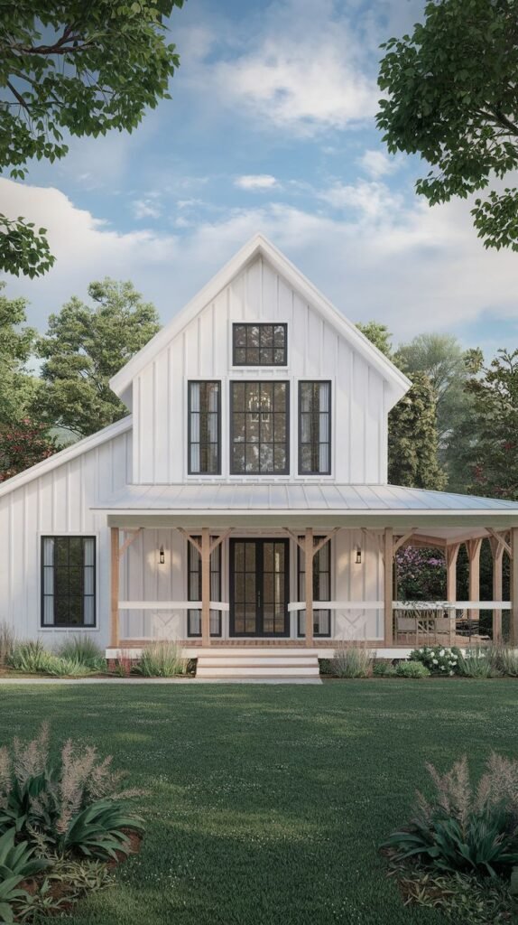 White vertical-sided farmhouse featuring a deep, covered porch supported by natural wood posts. White X-pattern railings define the porch edge, and stacked vertical black-framed windows highlight the central gable.