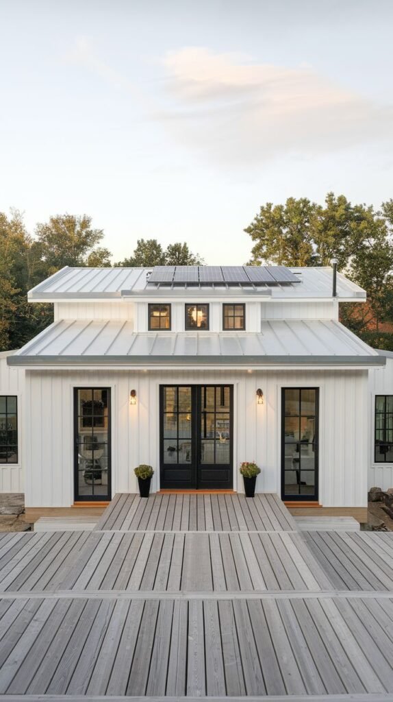 Contemporary single-story white farmhouse with a light gray metal roof and visible solar panels. The front is accessed by a broad, weathered gray deck, centered on black French doors.