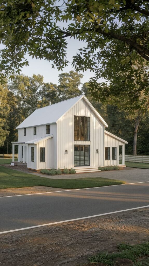 Angled view of a large white farmhouse set close to a road. The design features dual side porches and a prominent central gable with stacked black-framed windows and doors.