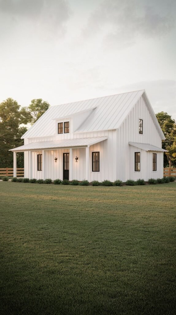 Symmetrical, all-white two-story farmhouse with a white metal roof and a small covered entry porch. The home is set on a lush green lawn surrounded by light-toned fencing and trees.