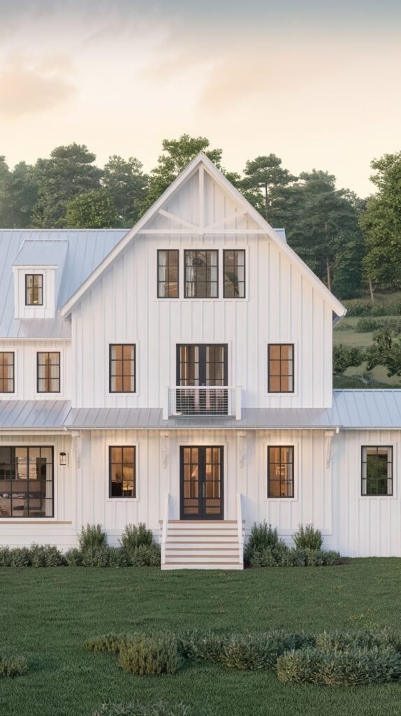 Two-and-a-half-story white farmhouse exterior with multiple gables and dormers under a light gray metal roof. A small balcony with modern horizontal cable railing sits above the main entrance.