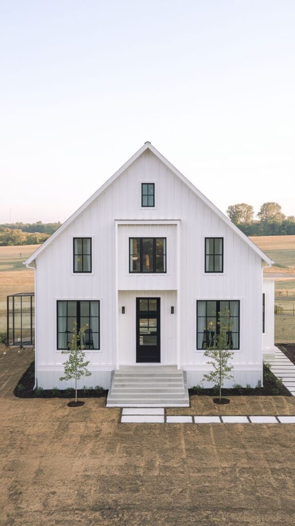 Symmetrical, tall white farmhouse facade centered around a black door and transom window stack. The entry is approached by clean, minimalist concrete steps and flanking trees on a dry, grassy lot.