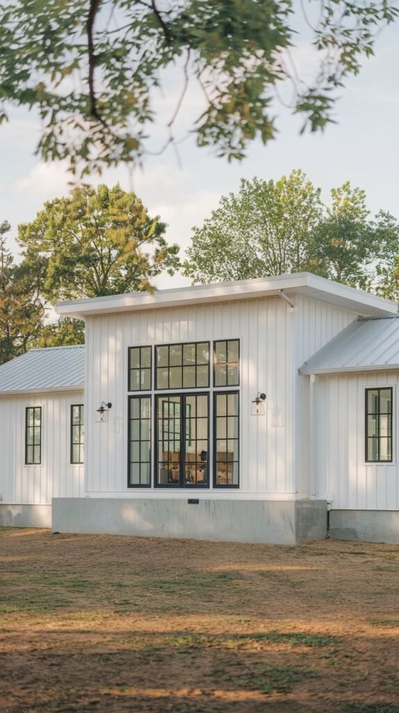 Wide, white contemporary farmhouse structure featuring a flat-pitched roof and a prominent central glass wall composed of black-framed windows and French doors.