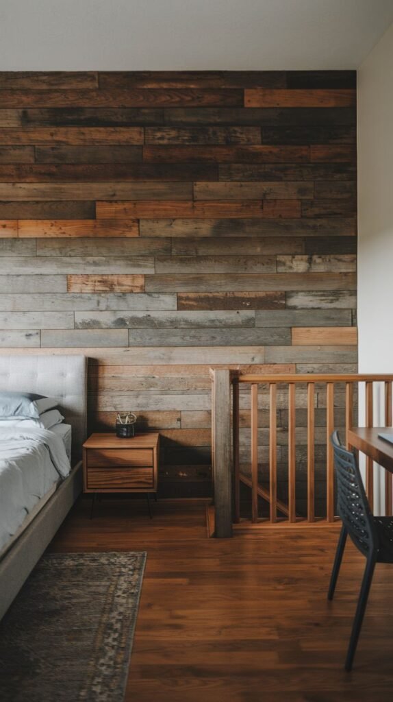 Full wall of horizontal reclaimed wood planks with varied dark and gray tones; features a light gray upholstered bed, a dark wood nightstand, and a wooden stair railing structure in the foreground.