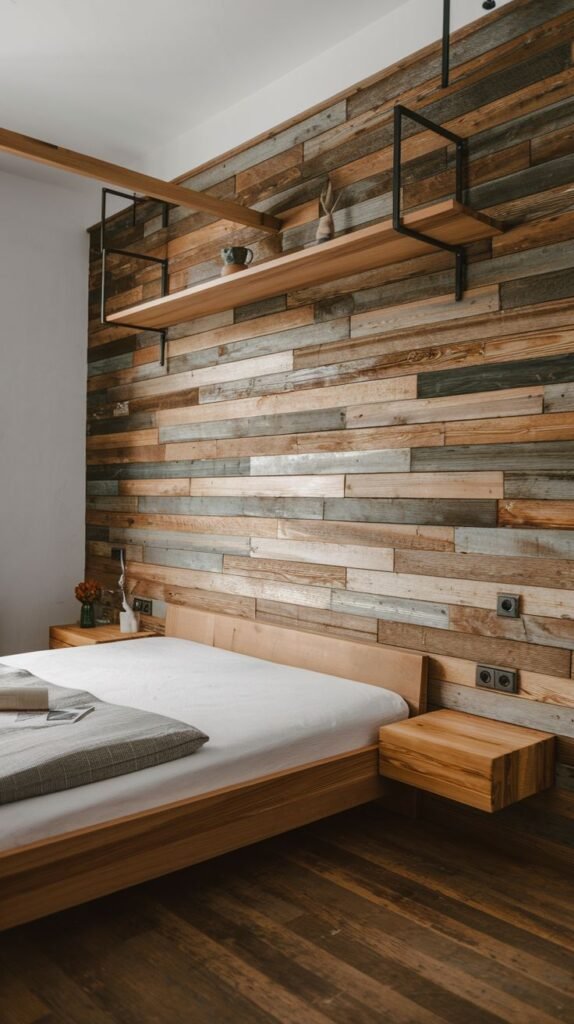 Textured horizontal wood plank wall with two floating shelves supported by black industrial metal brackets; features a light wood bed frame with a floating wooden nightstand drawer.