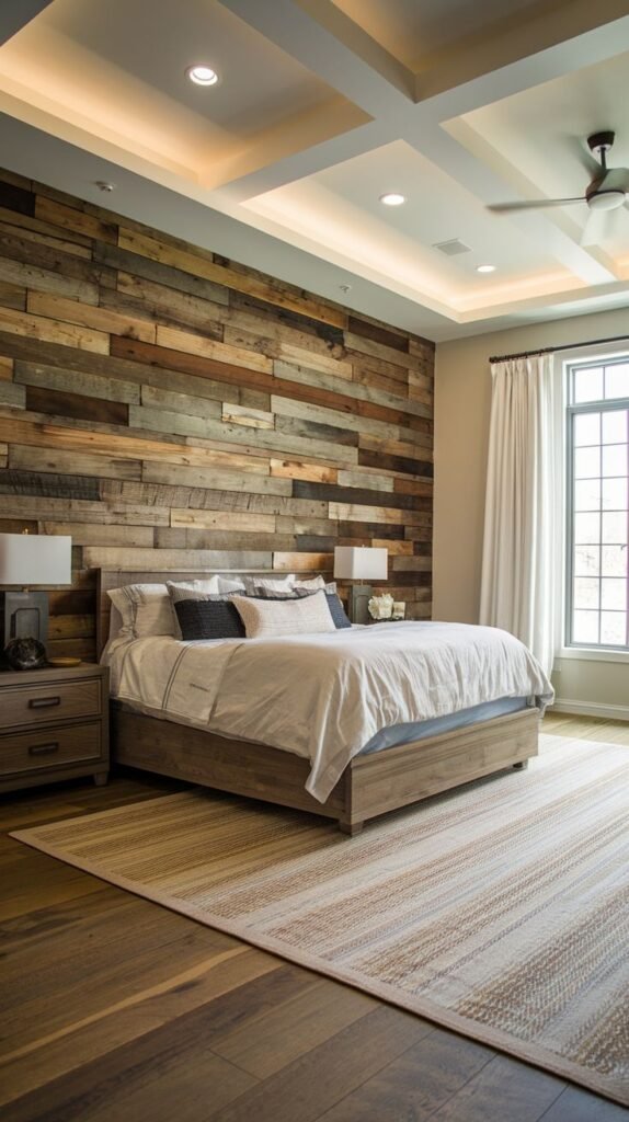 Wide view of a bedroom featuring a horizontal wood accent wall and an elaborate white coffered ceiling with recessed lighting; includes a neutral bed frame and two matching wooden nightstands.