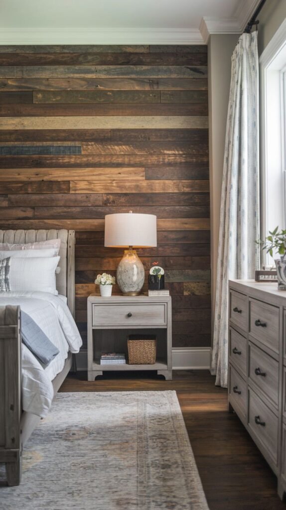 Dark horizontal wood plank accent wall behind a bed; contrasted by a gray-washed wooden nightstand and matching dresser, with a large ceramic table lamp.
