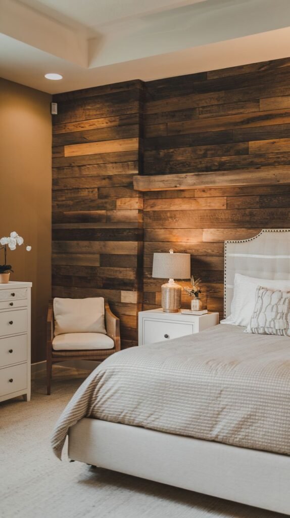 Horizontal wood plank accent wall that wraps around the corner of the room; features a light upholstered bed with nailhead trim and a white nightstand.
