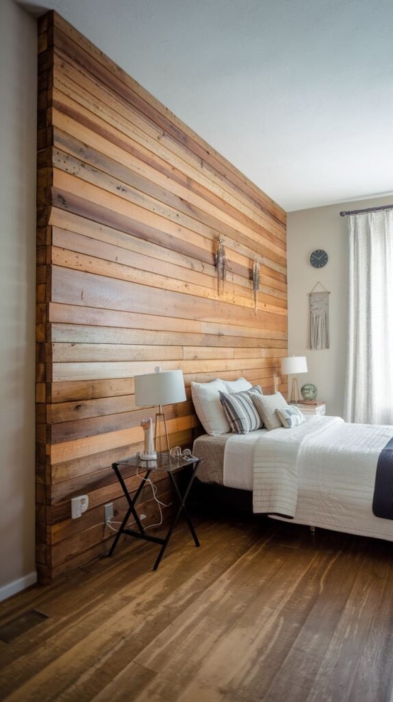 Thick, free-standing partition wall constructed entirely of wide horizontal wood planks, serving as the backdrop for a white bed; includes small metal side tables and wood flooring.