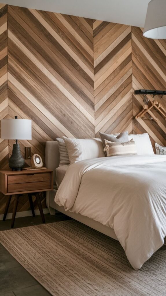 Accent wall constructed from medium-toned wood planks arranged in a geometric chevron pattern; features a light upholstered bed and a mid-century modern wooden nightstand.