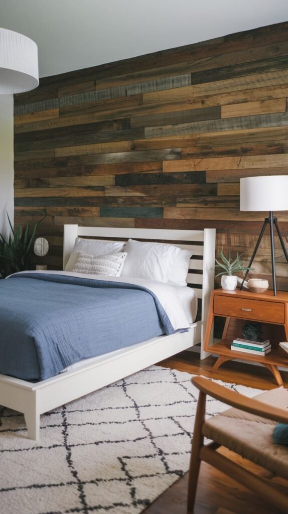 Horizontal reclaimed wood plank accent wall behind a white slatted bed frame; features a mid-century style wooden nightstand with tripod lamp base.