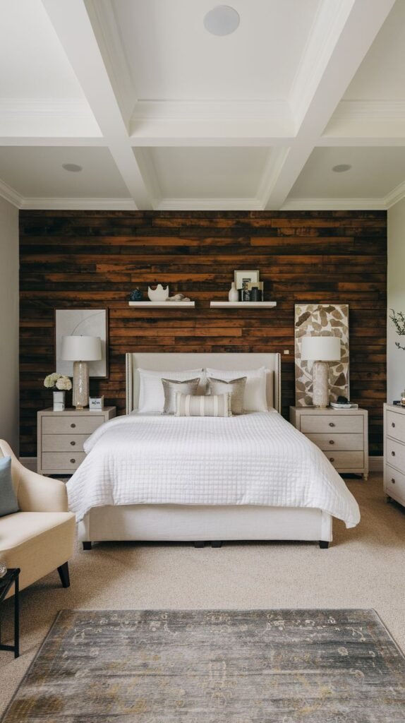Dark wood horizontal plank accent wall balanced by a bright white coffered ceiling; features a white upholstered bed, floating white shelves, and matching light gray nightstands.