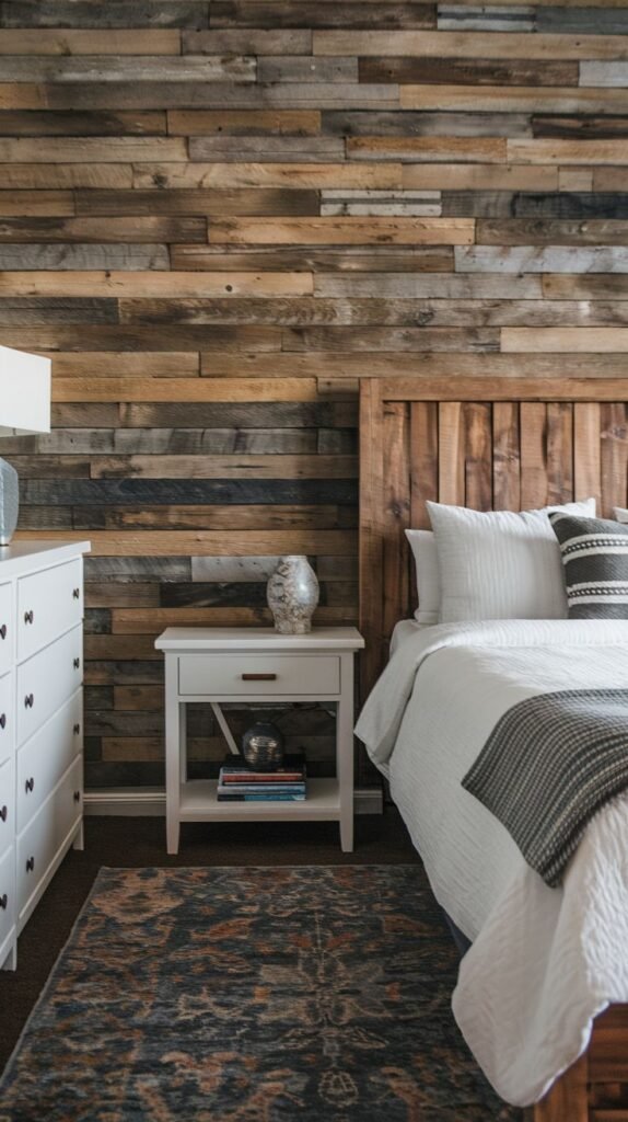 Weathered, gray-toned horizontal plank wall paired with a rustic vertical slatted wood headboard; features a white nightstand and dresser.