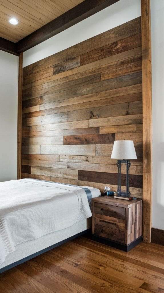 Horizontal wood planking framed by thick vertical dark wooden beams, creating a boxed accent wall; features a rustic wooden nightstand and a white quilt on the bed.