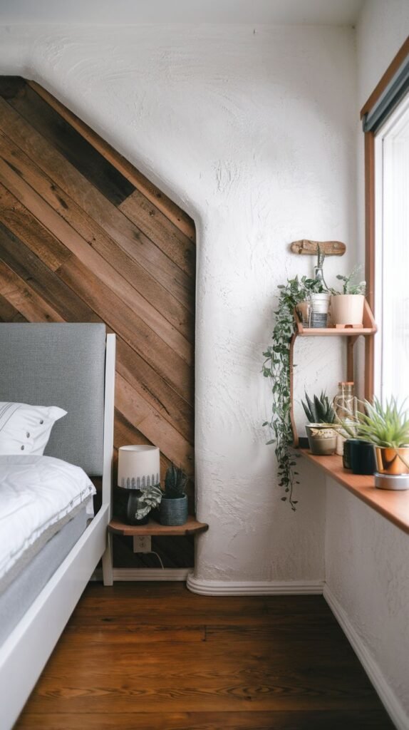 Bedroom corner featuring a sloped wall section covered in diagonal wood planks next to rough white textured walls; includes a gray upholstered headboard and a window ledge decorated with potted plants.