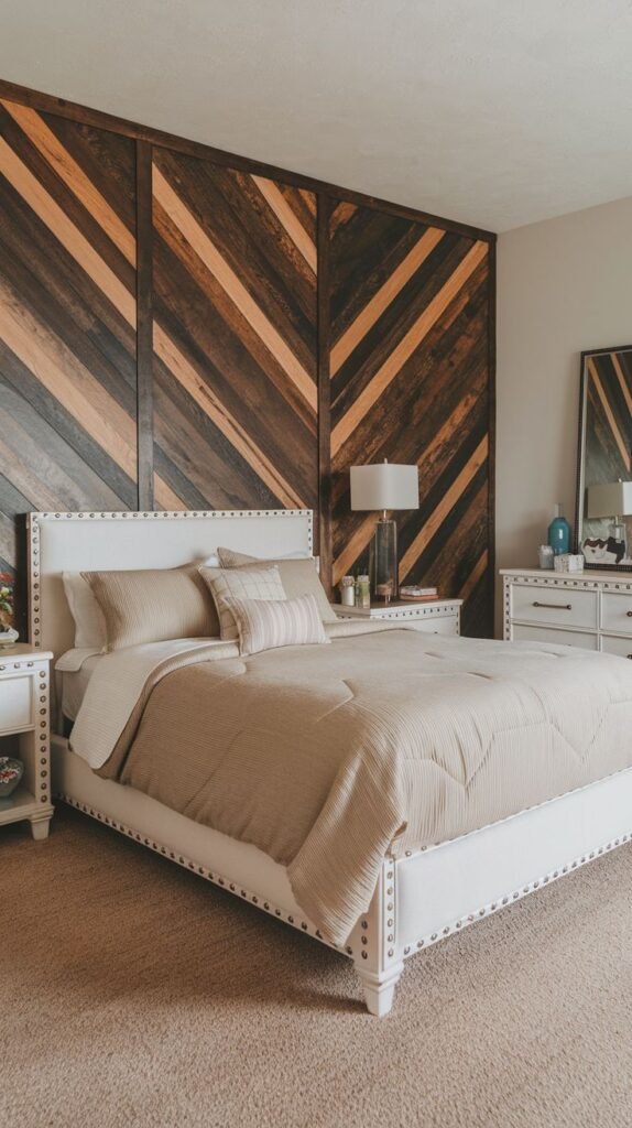 Striking chevron pattern accent wall using alternating dark brown and medium wood planks; features a white upholstered bed trimmed with metallic studding.