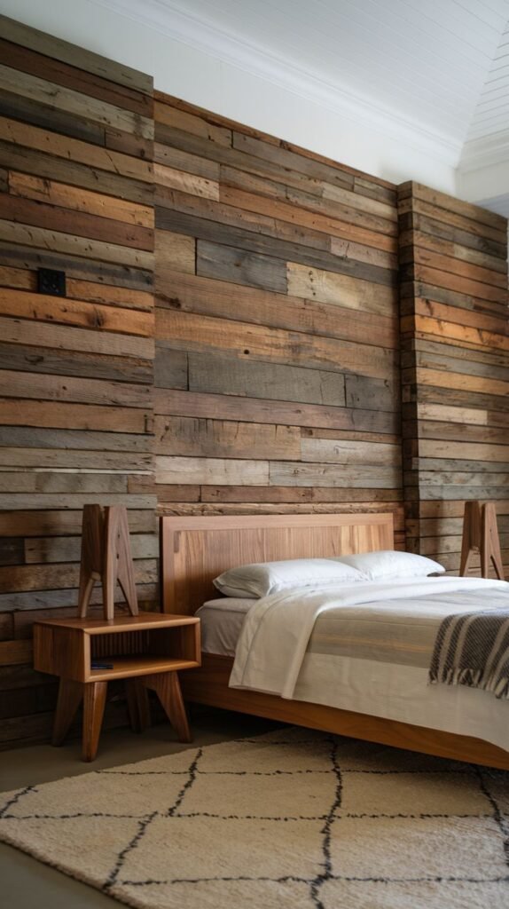 Very tall, floor-to-ceiling accent wall composed of horizontal reclaimed wood planks; features a minimalist wooden bed frame and geometric wooden nightstands.