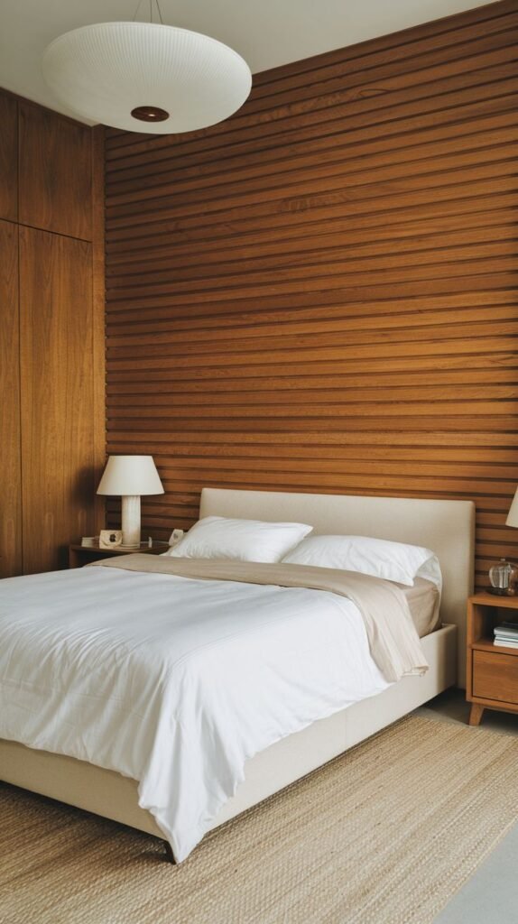Modern bedroom with smooth, uniform horizontal wood slat paneling on the accent wall, which meets matching floor-to-ceiling wood cabinetry on the left.