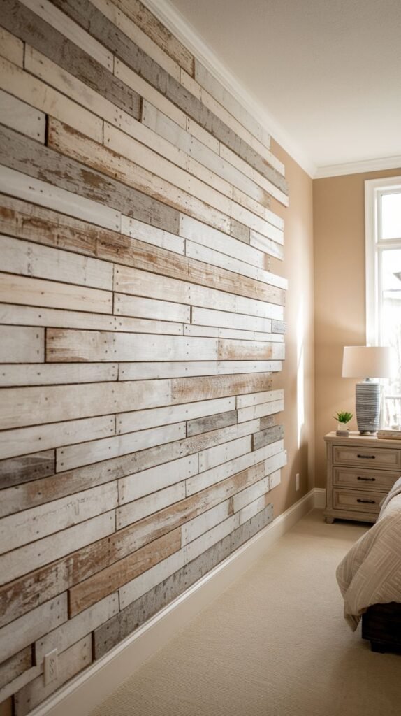 Long view of an accent wall covered in whitewashed horizontal wood planks, extending down the length of the room.