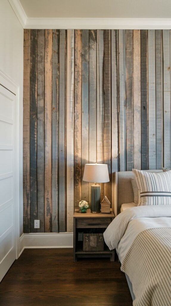 Accent wall of vertical weathered wood planks featuring prominent gray and blue tones; includes a light upholstered bed and a small dark wood nightstand.