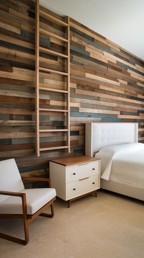 Horizontal reclaimed wood accent wall with diverse color tones; features a light wooden ladder mounted vertically on the left side of the wall.