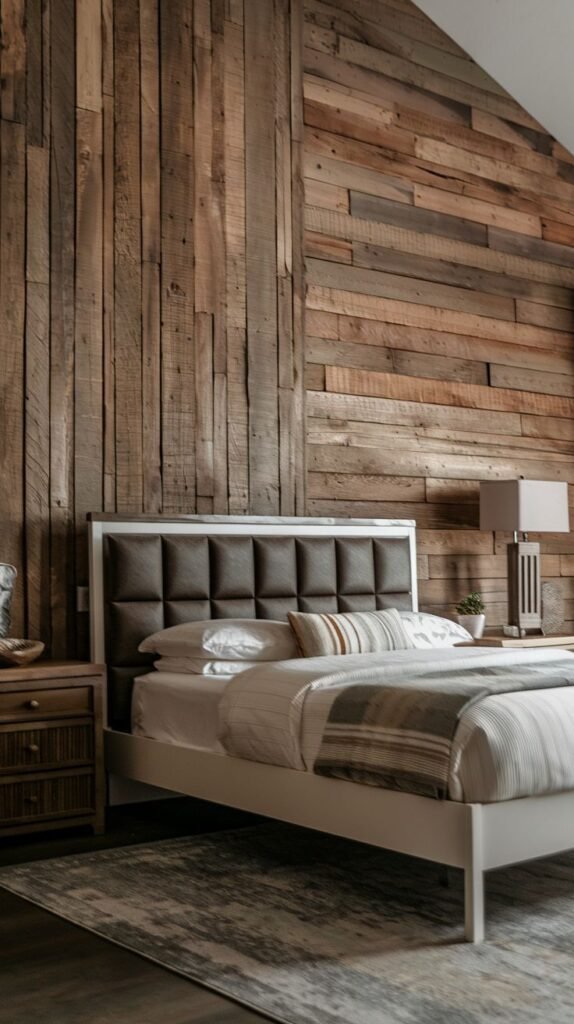 Bedroom featuring an angled ceiling and an accent wall where the left side uses vertical reclaimed planks and the right side uses horizontal reclaimed planks; features a modern bed with a quilted brown leather headboard.