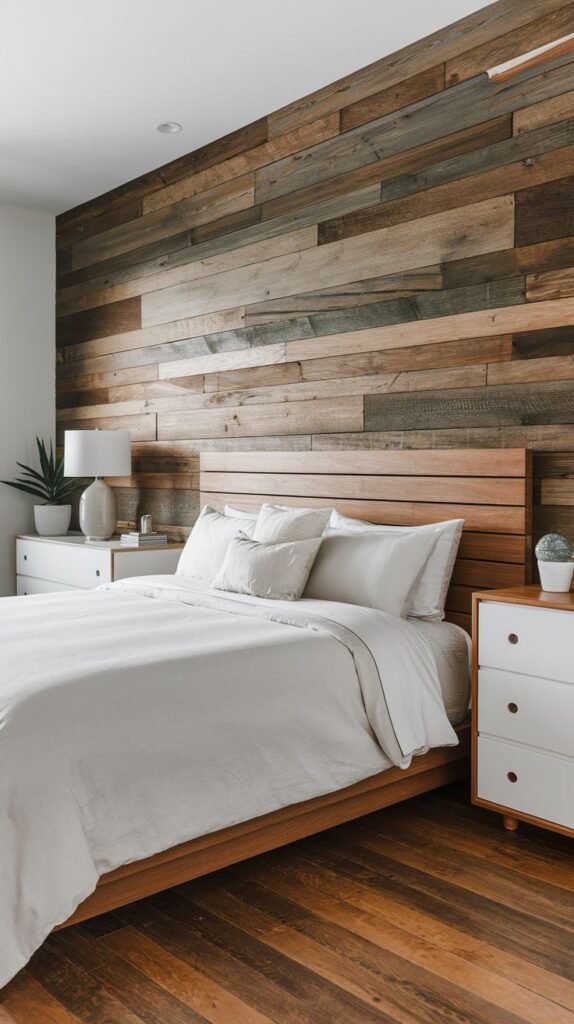 Horizontal reclaimed wood accent wall behind a modern wood bed frame with a horizontal slatted headboard; features white bedding and matching white three-drawer nightstands.