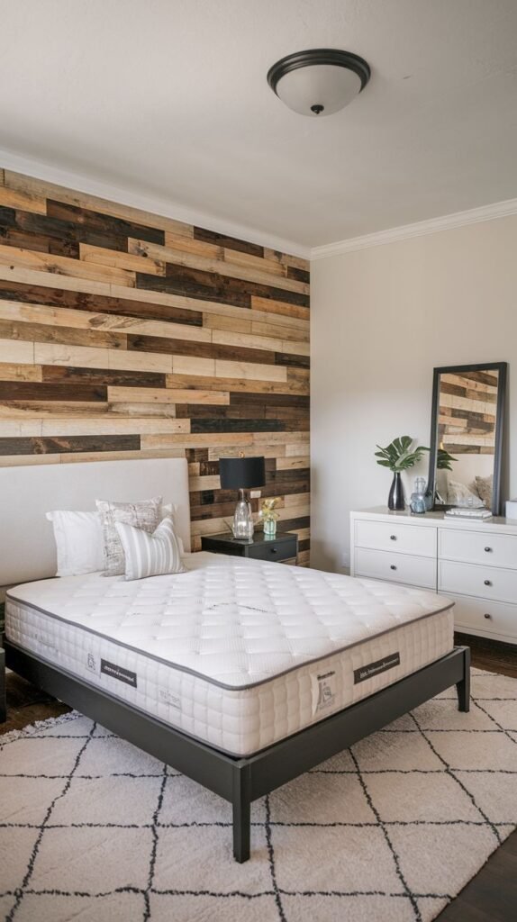 Rustic horizontal wood accent wall behind a white upholstered headboard; features a dark metal bed frame and a large white dresser with a mirror, all sitting on a white and black geometric rug.
