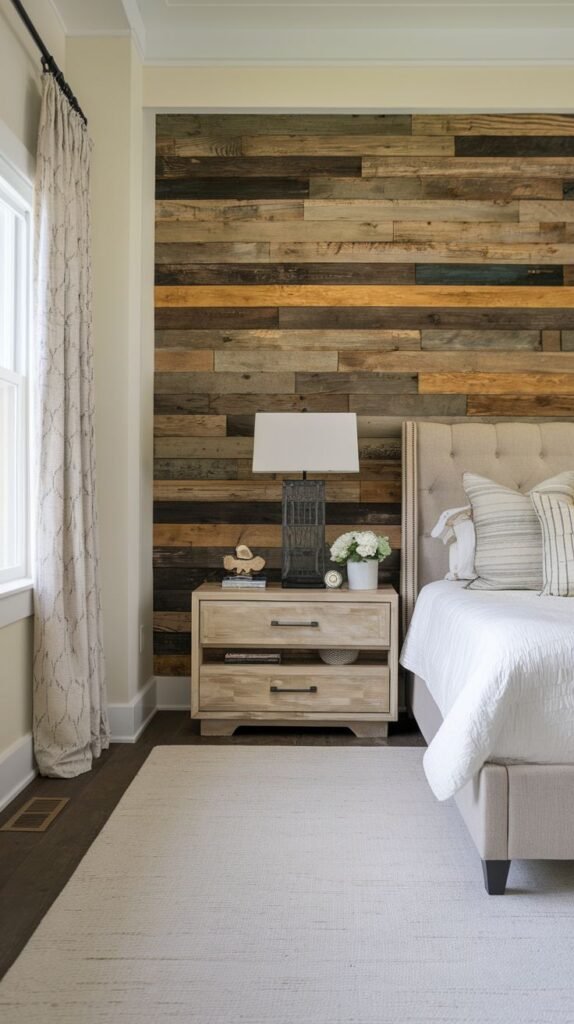 Multi-toned horizontal reclaimed wood wall behind a traditional tufted, light beige upholstered bed; features a two-drawer light wood nightstand and a large white table lamp.