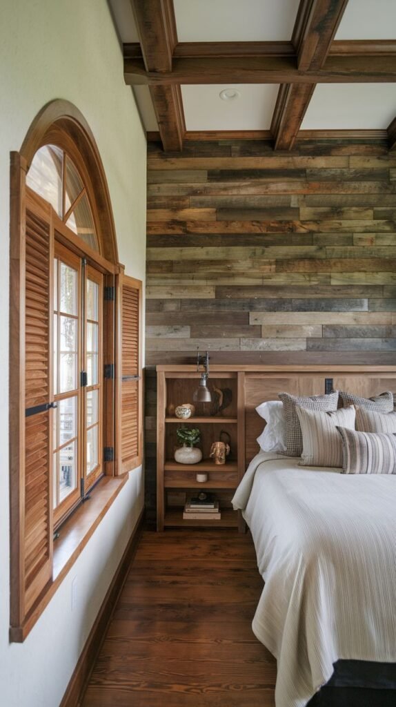 Bedroom with a horizontal plank wood accent wall and a dark wood coffered ceiling; features an arched window with wooden louvered shutters and a bed with integrated wooden shelving as the headboard.
