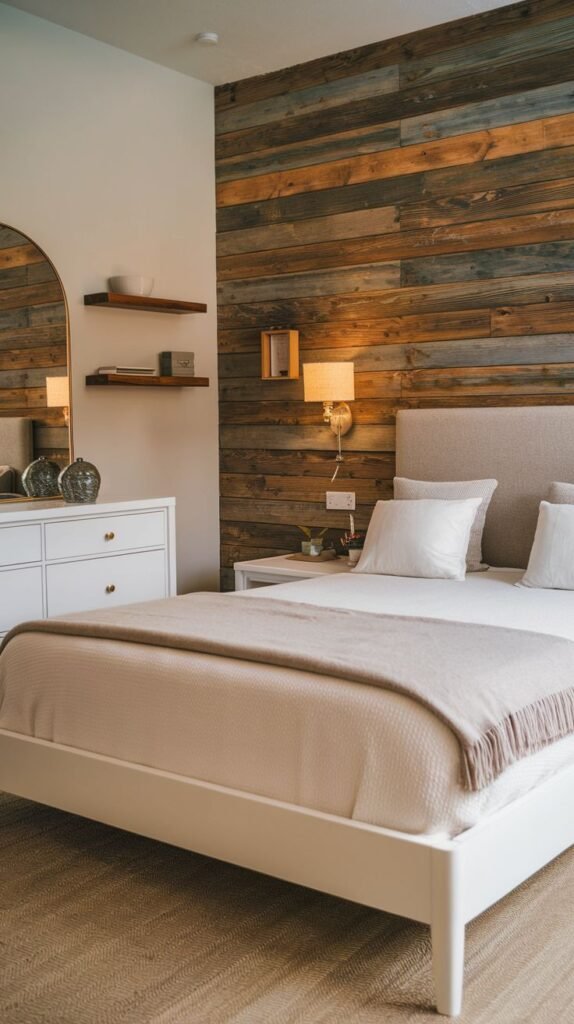 Horizontal reclaimed wood wall serving as a backdrop to a simple white bed; includes a wall-mounted light sconce, a small white nightstand, and floating wooden shelves on the adjacent white wall.