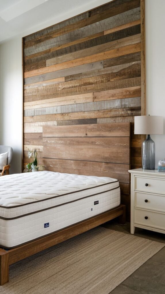 Tall horizontal reclaimed wood accent wall above a simple rustic wooden headboard; the wall extends high above the white mattress and is flanked by a white three-drawer nightstand.