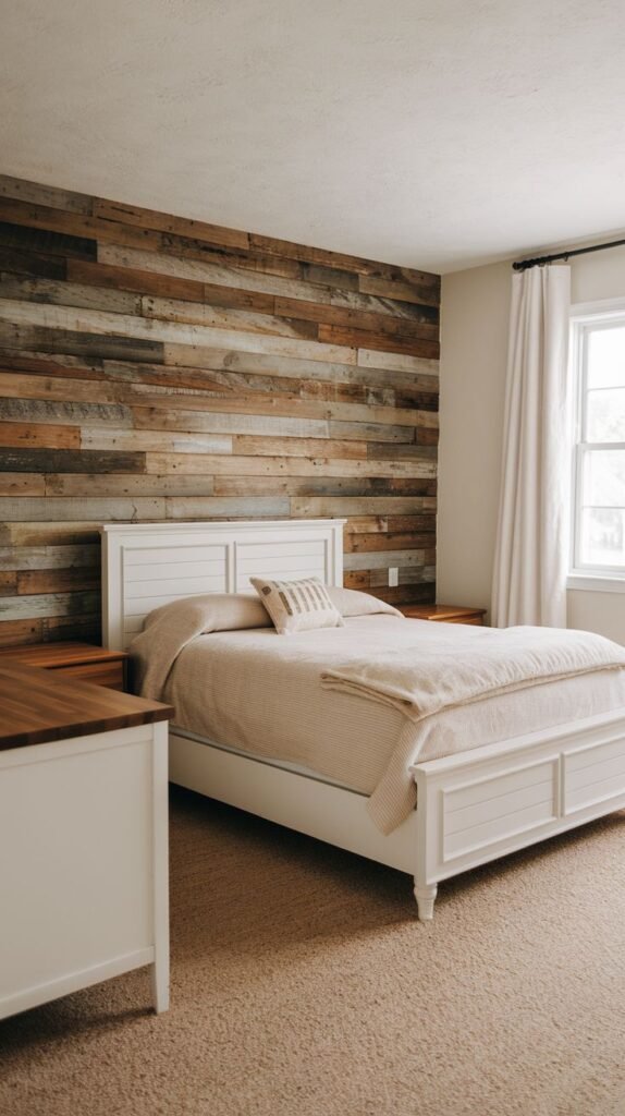 Horizontal wood plank accent wall contrasting with a paneled white cottage-style bed frame and white matching dresser units; features neutral carpeting and a large window.